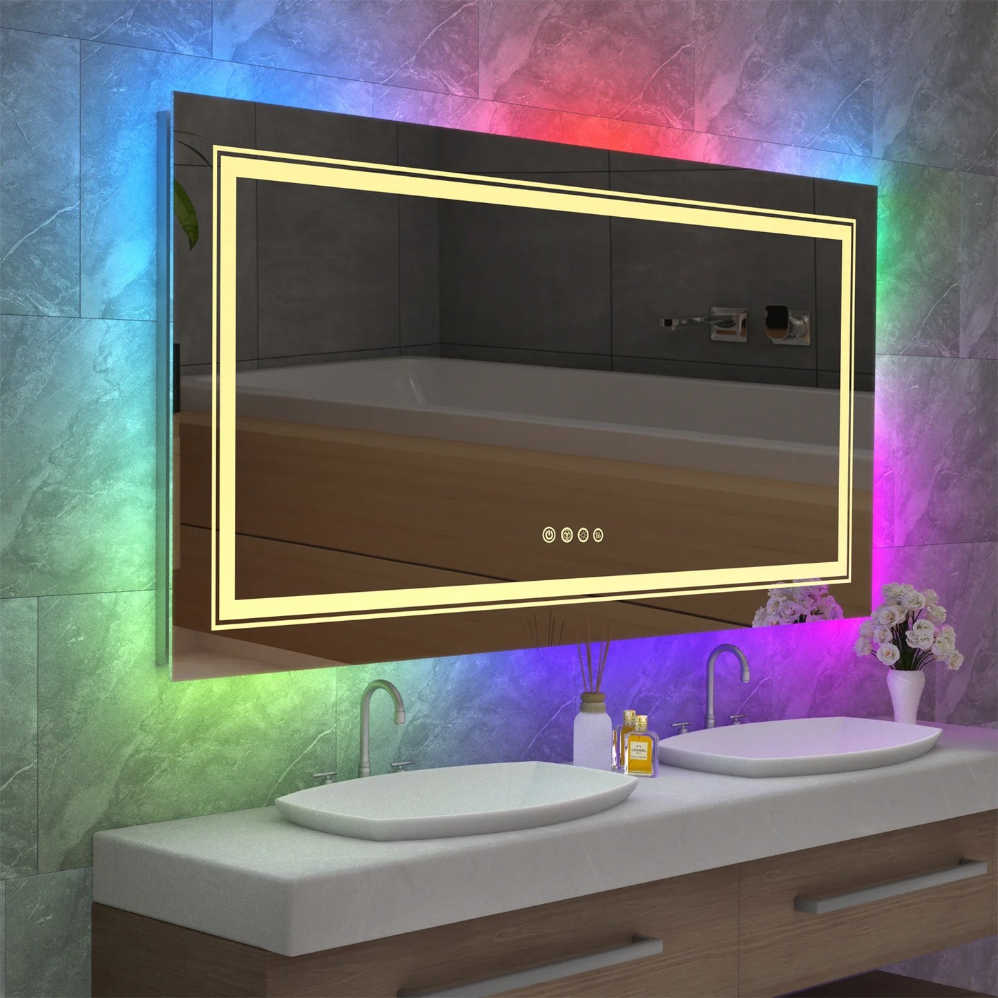 Large LED Bathroom Mirror with RGB Backlight and Anti-Fog Feature - LP Replenish