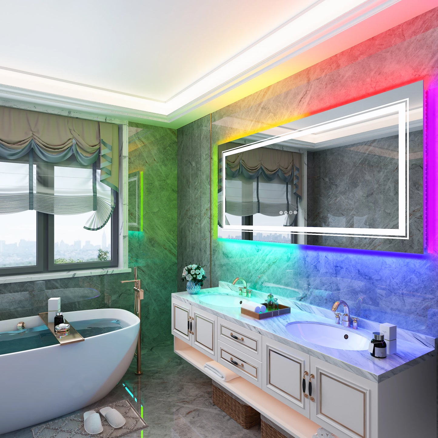 Large LED Bathroom Mirror with RGB Backlight and Anti-Fog Feature - LP Replenish