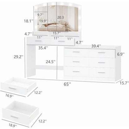 Large Makeup Vanity Desk with Hollywood Mirror and 8 Drawers - LP Replenish
