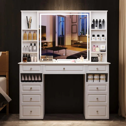 Large Vanity Desk with Lighted Mirror and 9 Drawers, Built-In Wireless Charger and Mini Fridge - LP Replenish