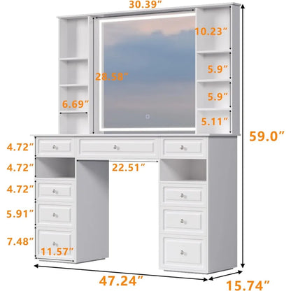 Large Vanity Desk with Lighted Mirror and 9 Drawers, Built-In Wireless Charger and Mini Fridge - LP Replenish
