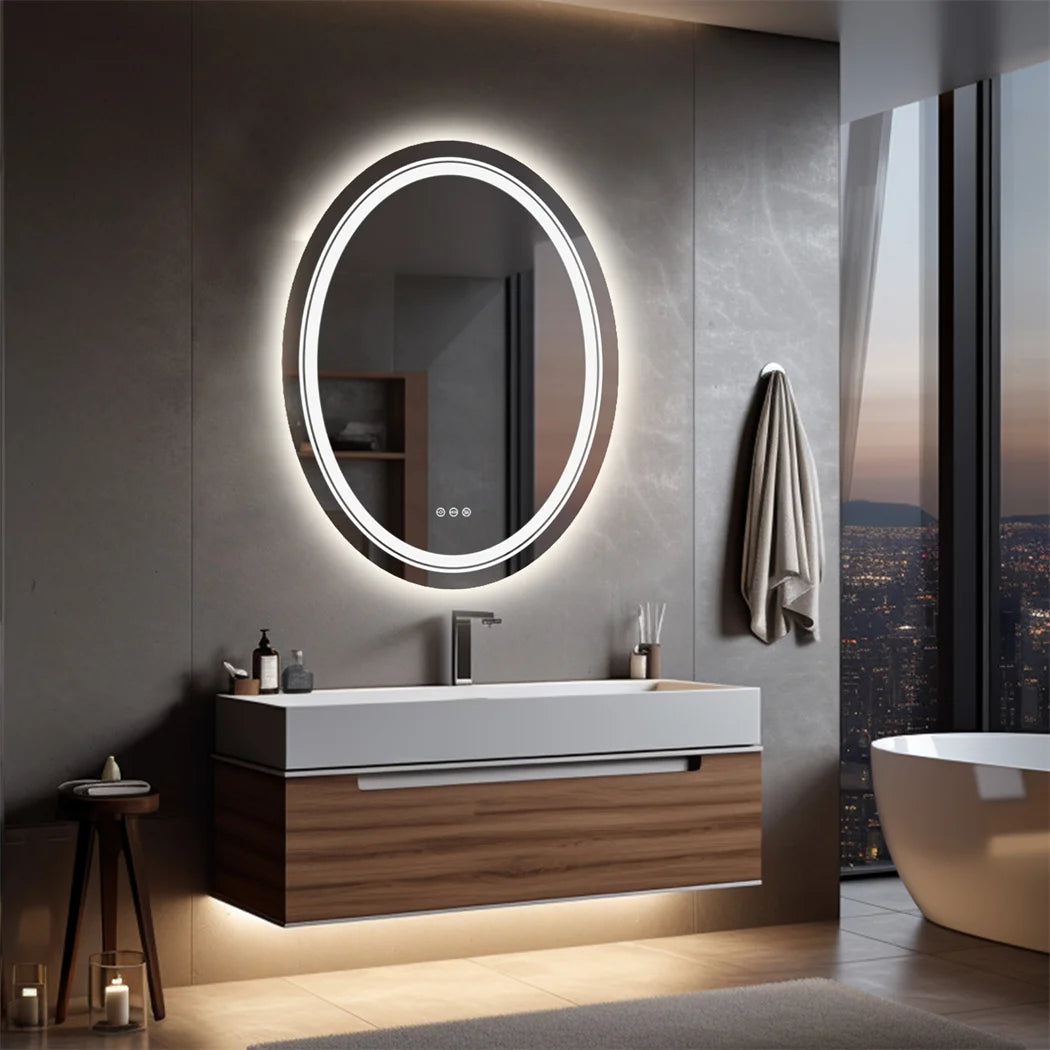 Oval Frameless Bathroom Mirror with Dimmable Dual LED, Anti-Fog, and 3 Color Modes - LP Replenish