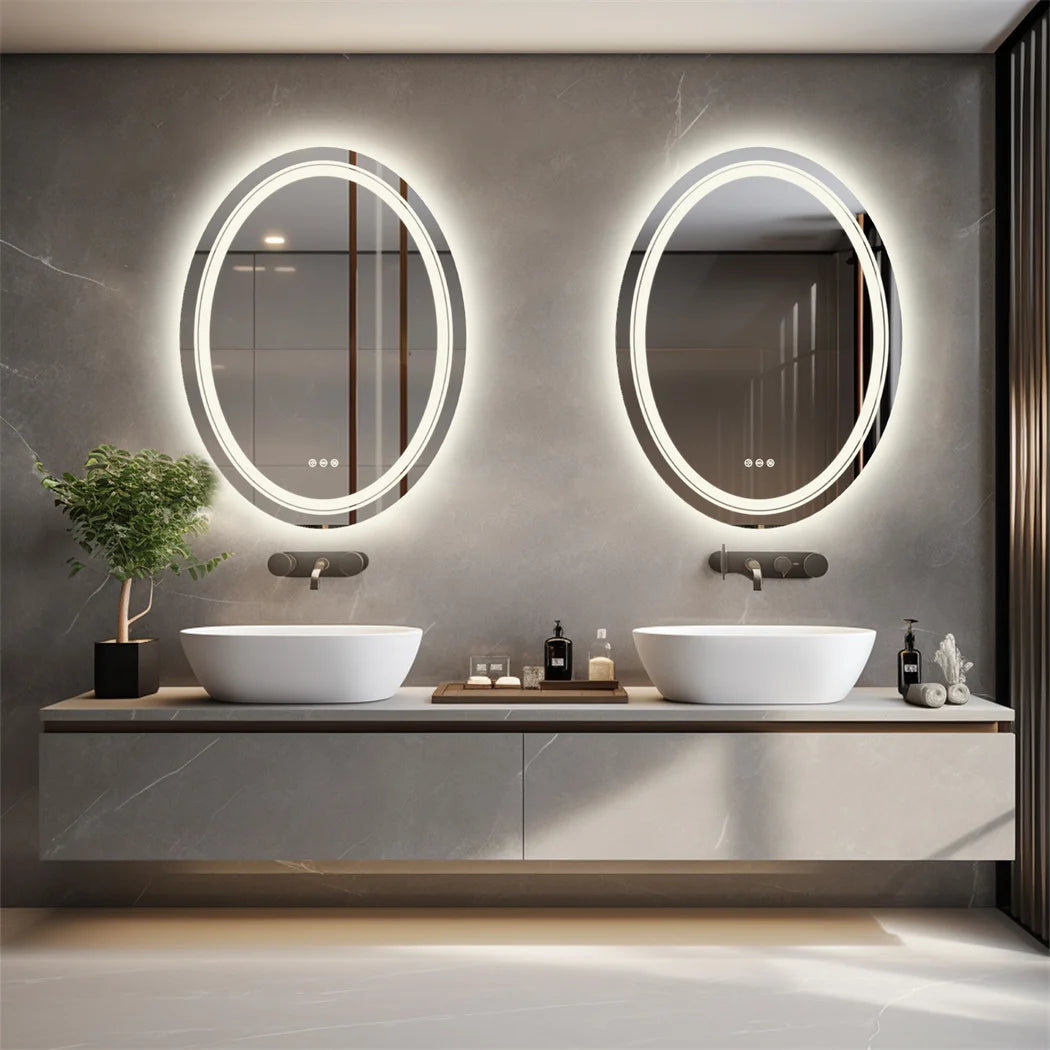 Oval Frameless Bathroom Mirror with Dimmable Dual LED, Anti-Fog, and 3 Color Modes - LP Replenish