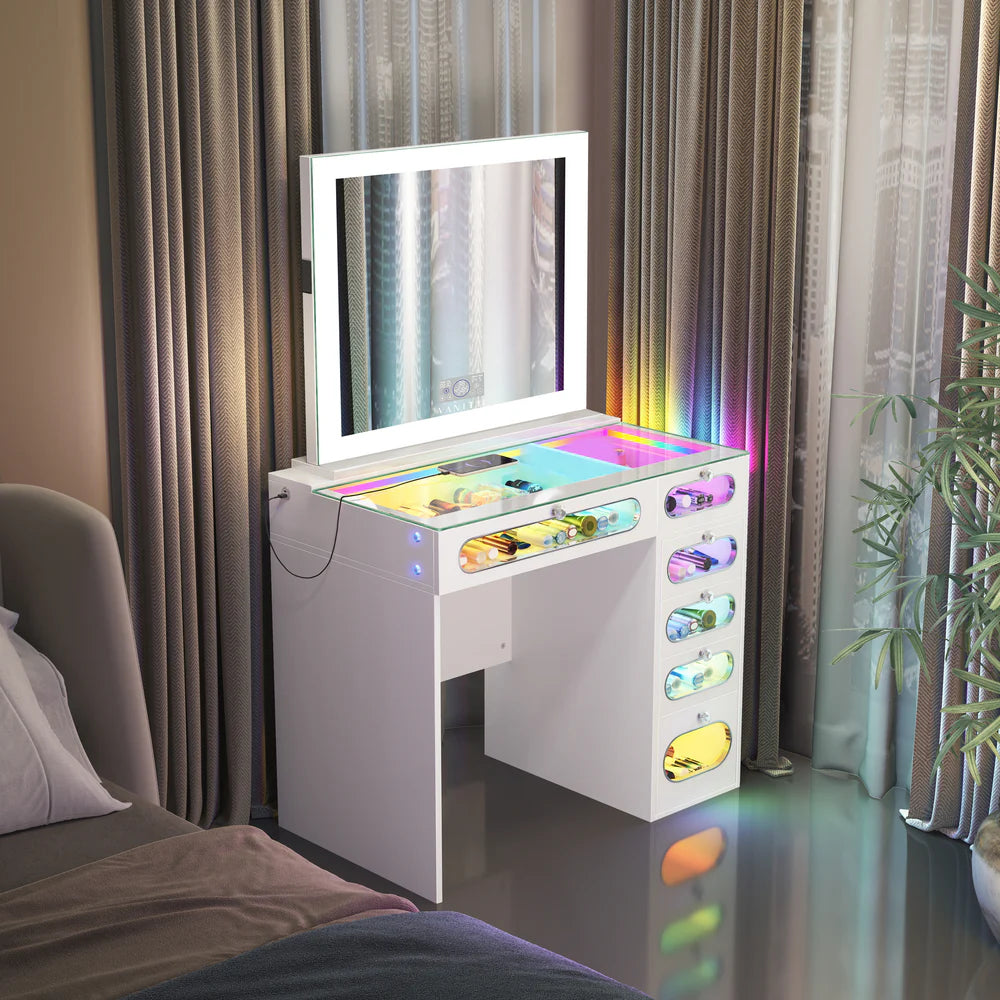 VanitiSet Nova Circle | LED Vanity Desk and Hollywood Bluetooth Mirror Set