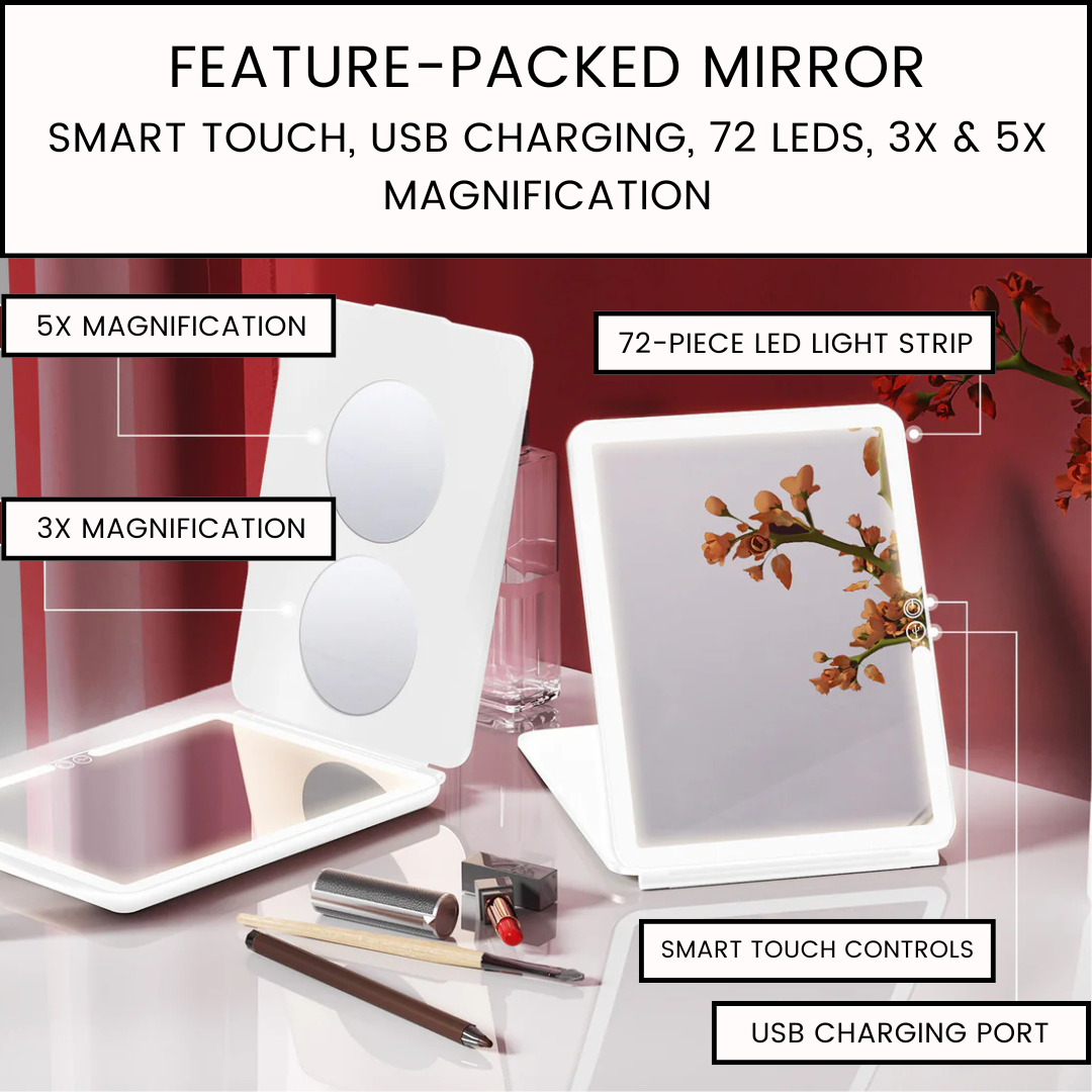 VanitiGlow Portable LED Travel Vanity Mirror – USB Rechargeable, Touch‑Dimmer, Mini & Regular