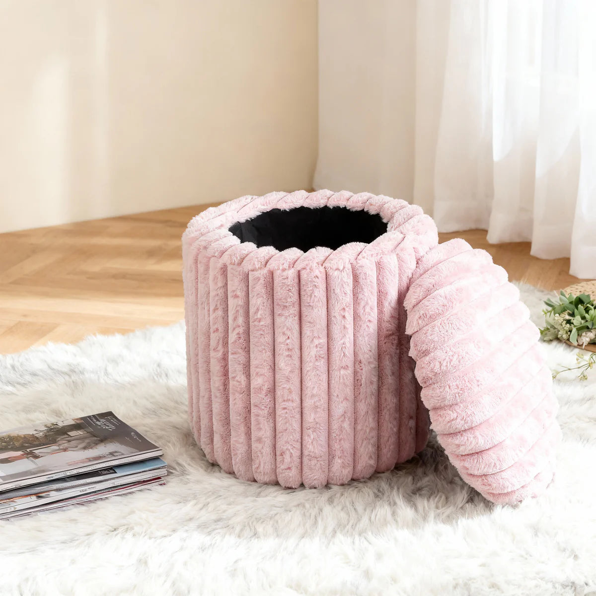 VanitiSeat Fluff | Faux Rabbit Fur Storage Stool, 15.75 Inch