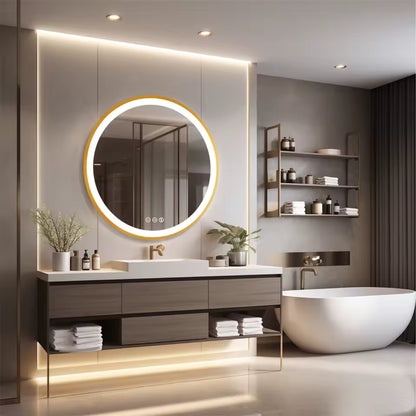 Round Bathroom Vanity Mirror with Gold Frame | Waterproof LED, 24 or 32 inch