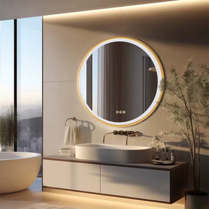Round Bathroom Vanity Mirror with Gold Frame | Waterproof LED, 24 or 32 inch