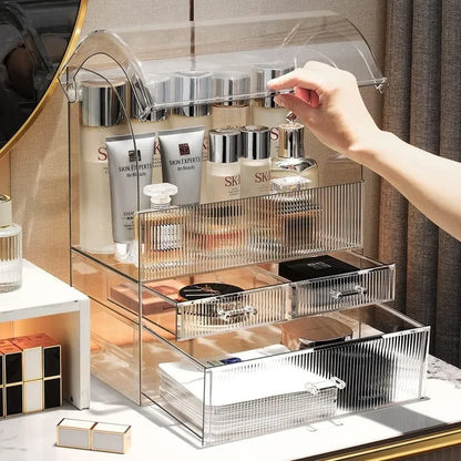 Clear Ribbed Pattern Large Clear Makeup Organizer with Drawers and Lid - LP Replenish