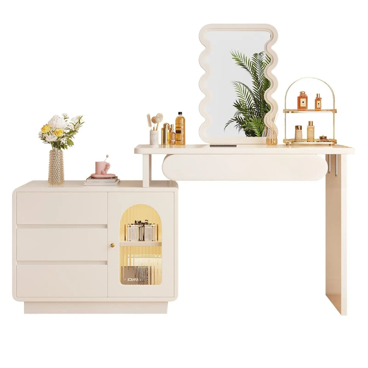 Vanity Table with Illuminated Mirror, Acrylic Chair, and Storage Features