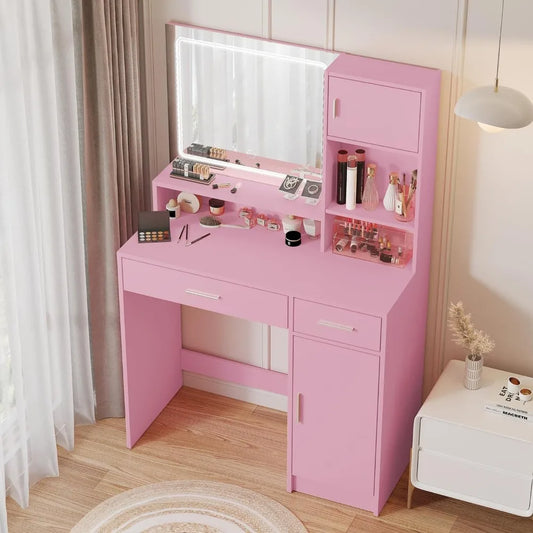 Pink Vanity Desk with Mirror and LED Lighting