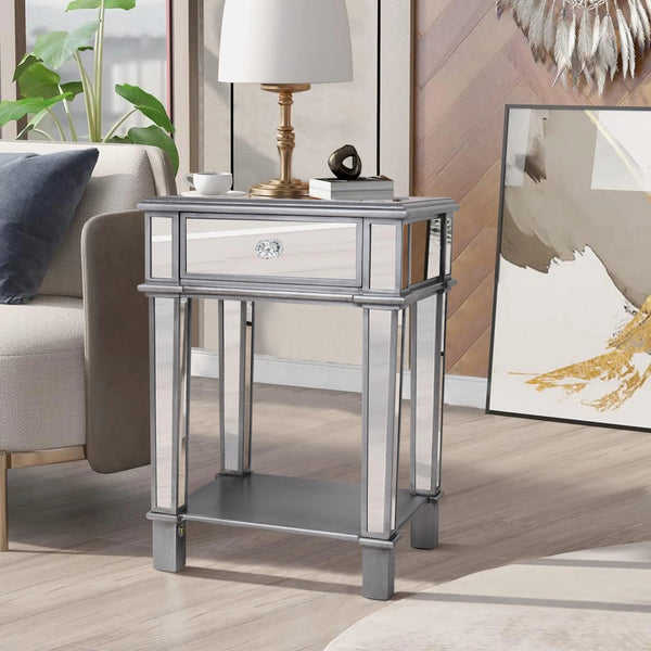 Modern Mirrored Nightstand with Drawer | Luxury Silver