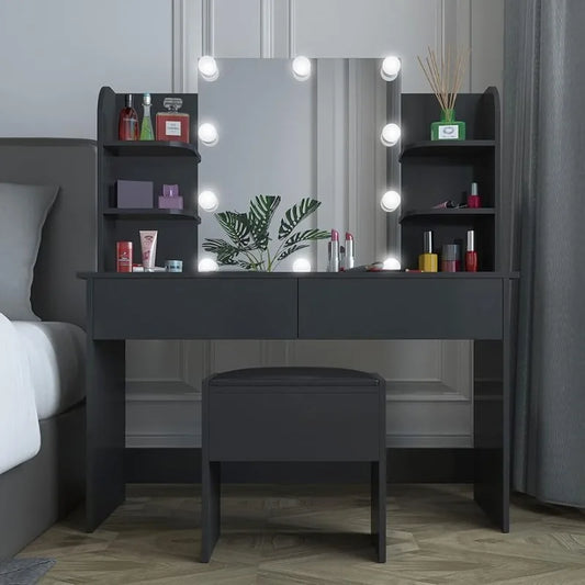 Vanity Set with LED Lighted Mirror, Black Dressing Table and Cushioned Stool