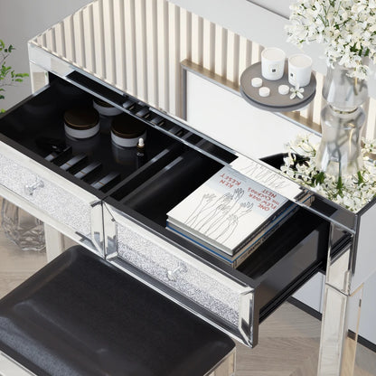 Mirrored Vanity Makeup Table with Crystal Diamond Accents and 2 Drawers - LP Replenish