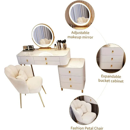 Modern Makeup Vanity with LED Mirror, 6 Drawers, Rock Slab Countertop, and Storage Chair - LP Replenish