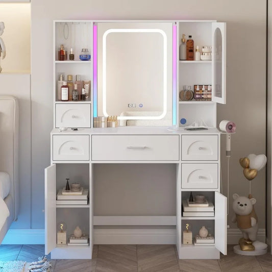 Vanity Desk with Integrated LED RGB Makeup Mirror and Power Strip