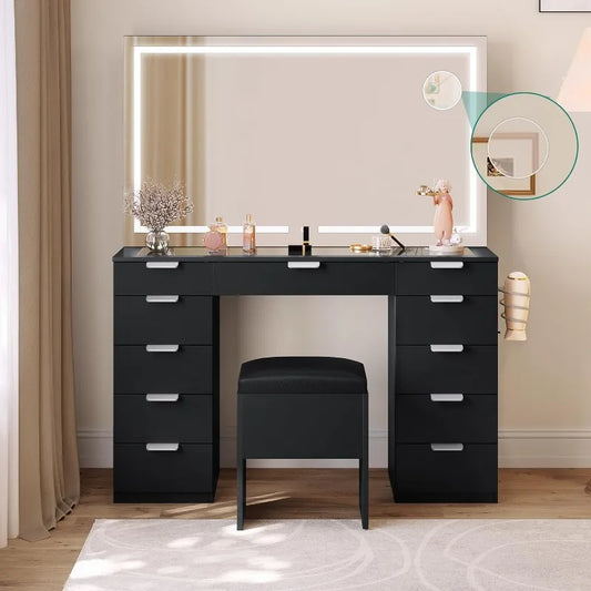Large Vanity Desk Set with LED Lighted Mirror, Glass Top, Vanity Drawer and Power Outlet