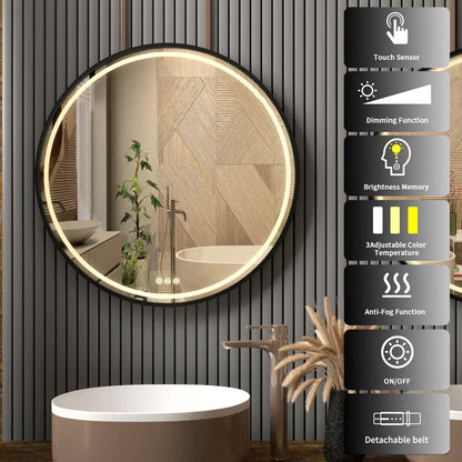 Large Round LED Bathroom Mirror with Anti-Fog, Touch Sensor, and Dimmable Lights – Black/Gold Frame, 32/24 Inch - LP Replenish