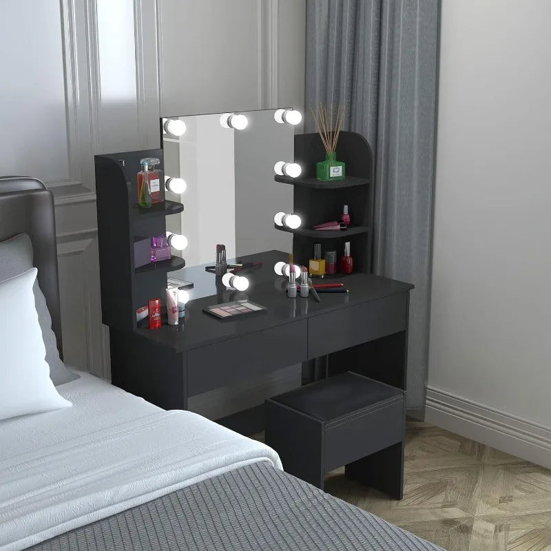 Vanity Set with LED Lighted Mirror, Black Dressing Table and Cushioned Stool