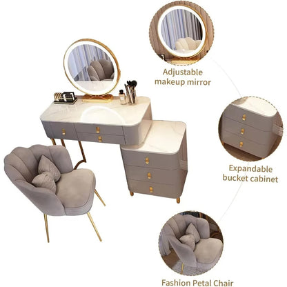 Modern Makeup Vanity with LED Mirror, 6 Drawers, Rock Slab Countertop, and Storage Chair - LP Replenish