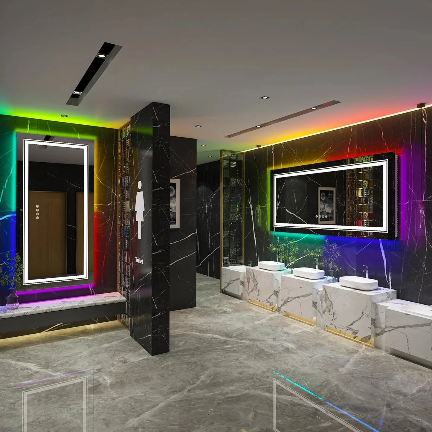 Large Bathroom LED Vanity Mirror with RGB Color Changing Backlit and Dimmable Anti-Fog Features