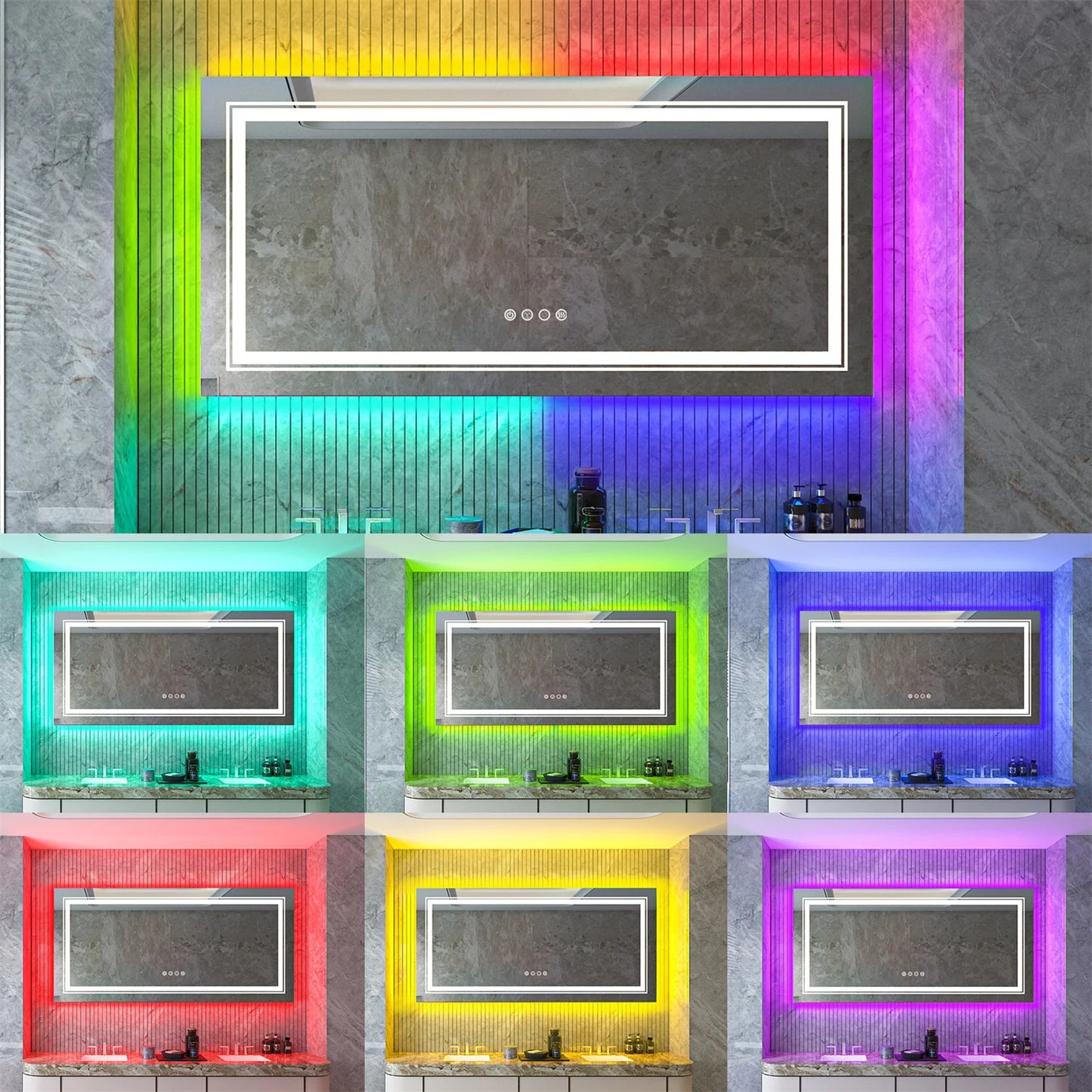 Large Bathroom LED Vanity Mirror with RGB Color Changing Backlit and Dimmable Anti-Fog Features