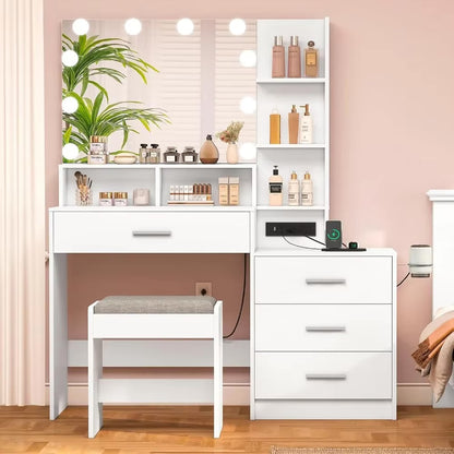 Vanity Desk with Mirror, Lights, and Integrated Nightstand - LP Replenish