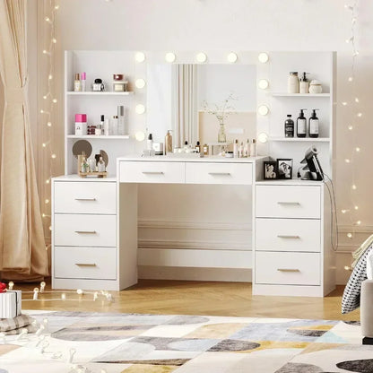 Vanity Desk with LED Mirror, Charging Station, and Storage Cabinet - LP Replenish