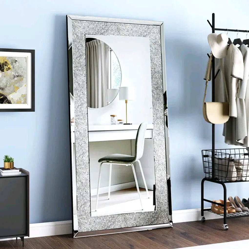 Large Silver Crystal Vanity Mirror for Bedroom Wall Mounted