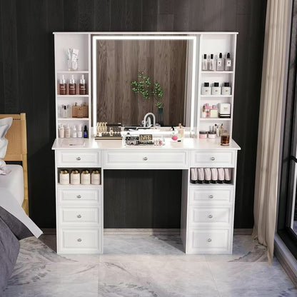 Large Vanity Desk with Lighted Mirror and 9 Drawers, Built-In Wireless Charger and Mini Fridge - LP Replenish