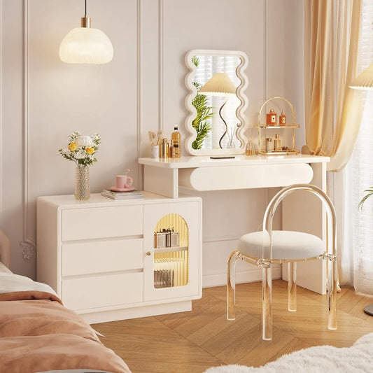 Vanity Table with Illuminated Mirror, Acrylic Chair, and Storage Features