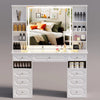 Large Vanity Desk with Lighted Mirror and 9 Drawers, Built-In Wireless Charger and Mini Fridge - LP Replenish