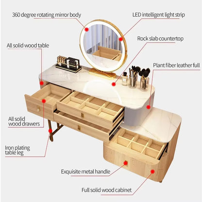 Modern Makeup Vanity with LED Mirror, 6 Drawers, Rock Slab Countertop, and Storage Chair - LP Replenish