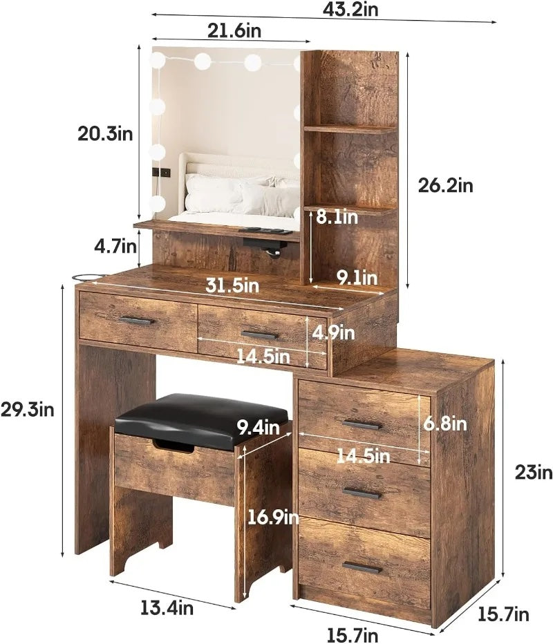 Vanity Desk with Mirror, Lights, and Integrated Nightstand