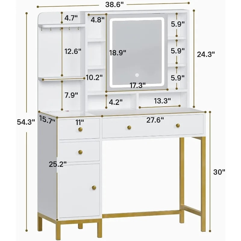 Makeup Vanity with Dimmable LED Mirror with Lights and Charging Station