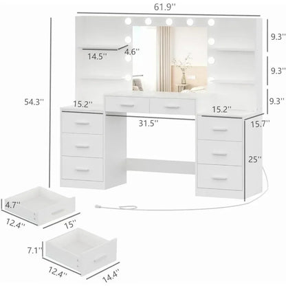 Vanity Desk with LED Mirror, Charging Station, and Storage Cabinet - LP Replenish