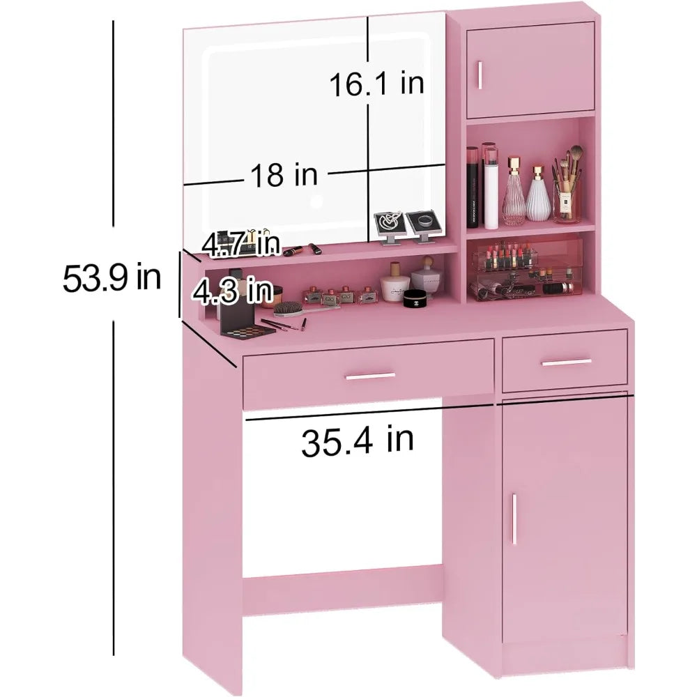 Pink Vanity Desk with Mirror and LED Lighting
