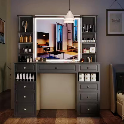 Large Vanity Desk with Lighted Mirror and 9 Drawers, Built-In Wireless Charger and Mini Fridge - LP Replenish