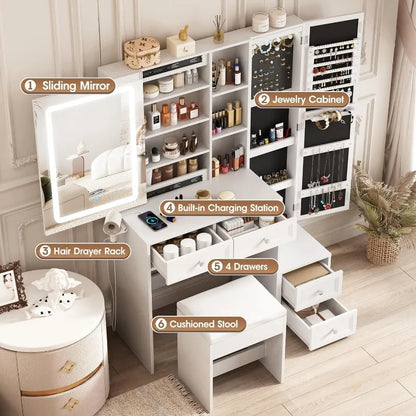 Makeup Vanity Desk with LED Lighted Sliding Mirror, Vanity Table with Jewelry Cabinet, and Charging Station - LP Replenish