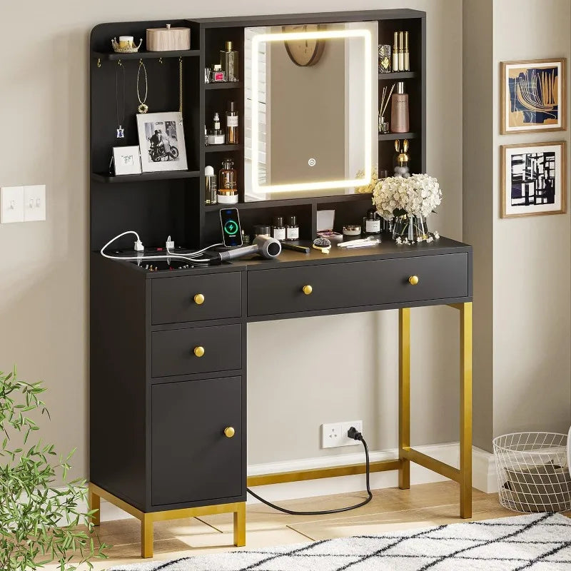 Makeup Vanity with Dimmable LED Mirror with Lights and Charging Station