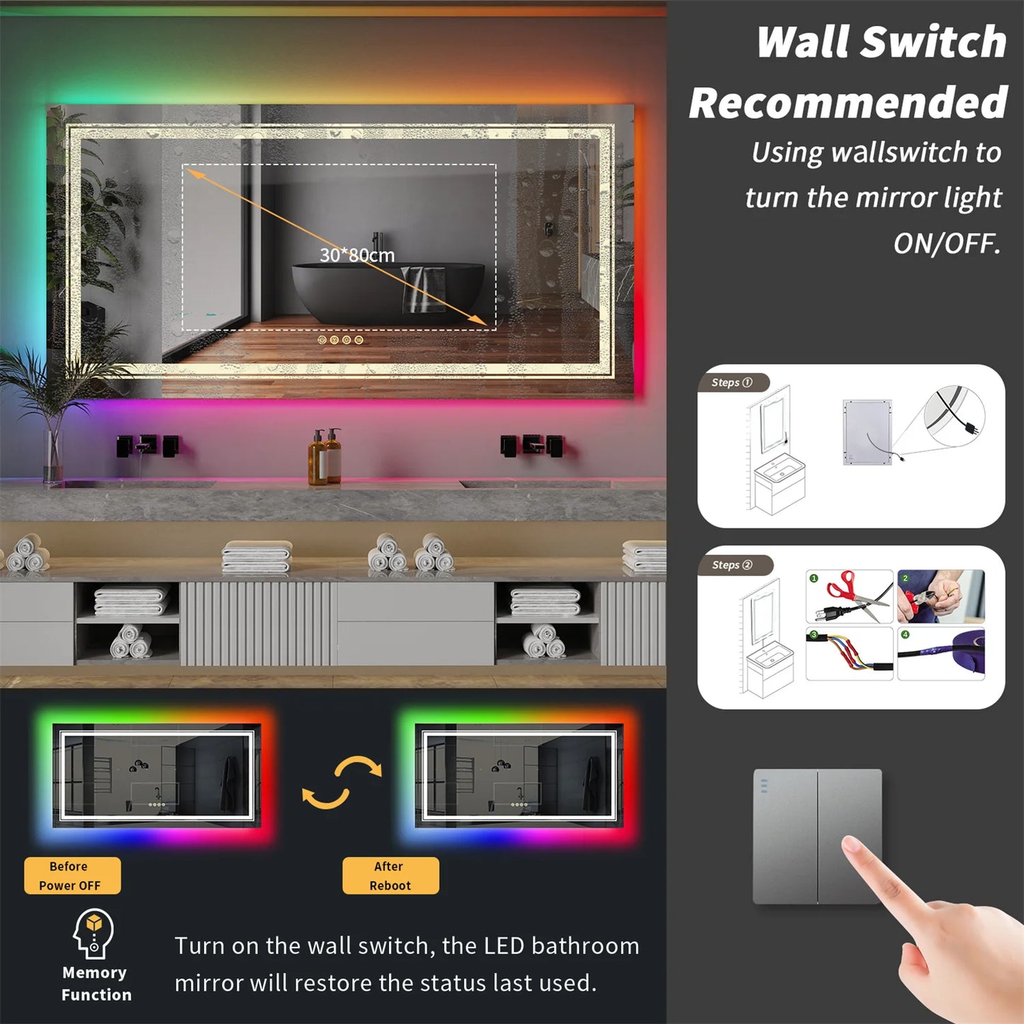 Large Bathroom LED Vanity Mirror with RGB Color Changing Backlit and Dimmable Anti-Fog Features