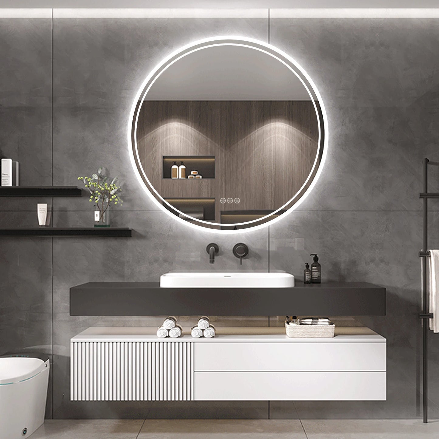 Smart Illuminate LED Round Mirror with Touch Screen and Anti-Fog Features