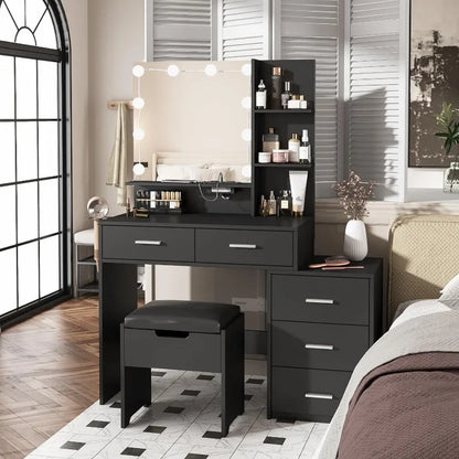 Vanity Desk with Mirror, Lights, and Integrated Nightstand - LP Replenish