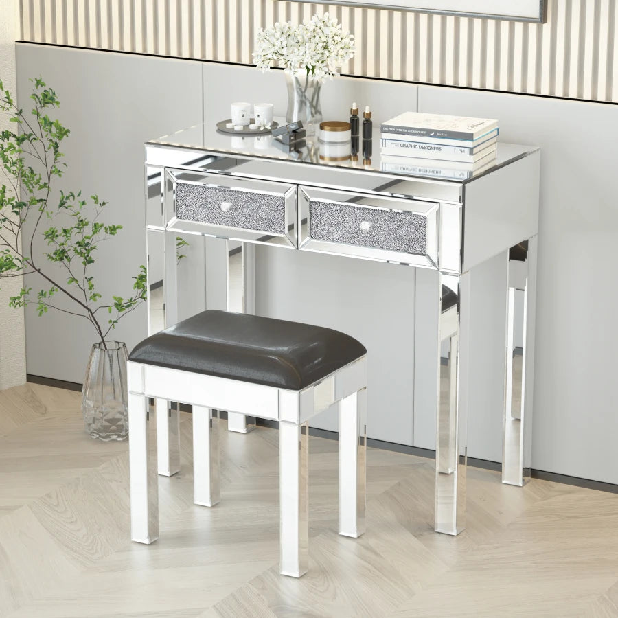 Mirrored Vanity Makeup Table with Crystal Diamond Accents and 2 Drawers