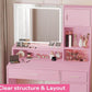 Pink Vanity Desk with Mirror and LED Lighting