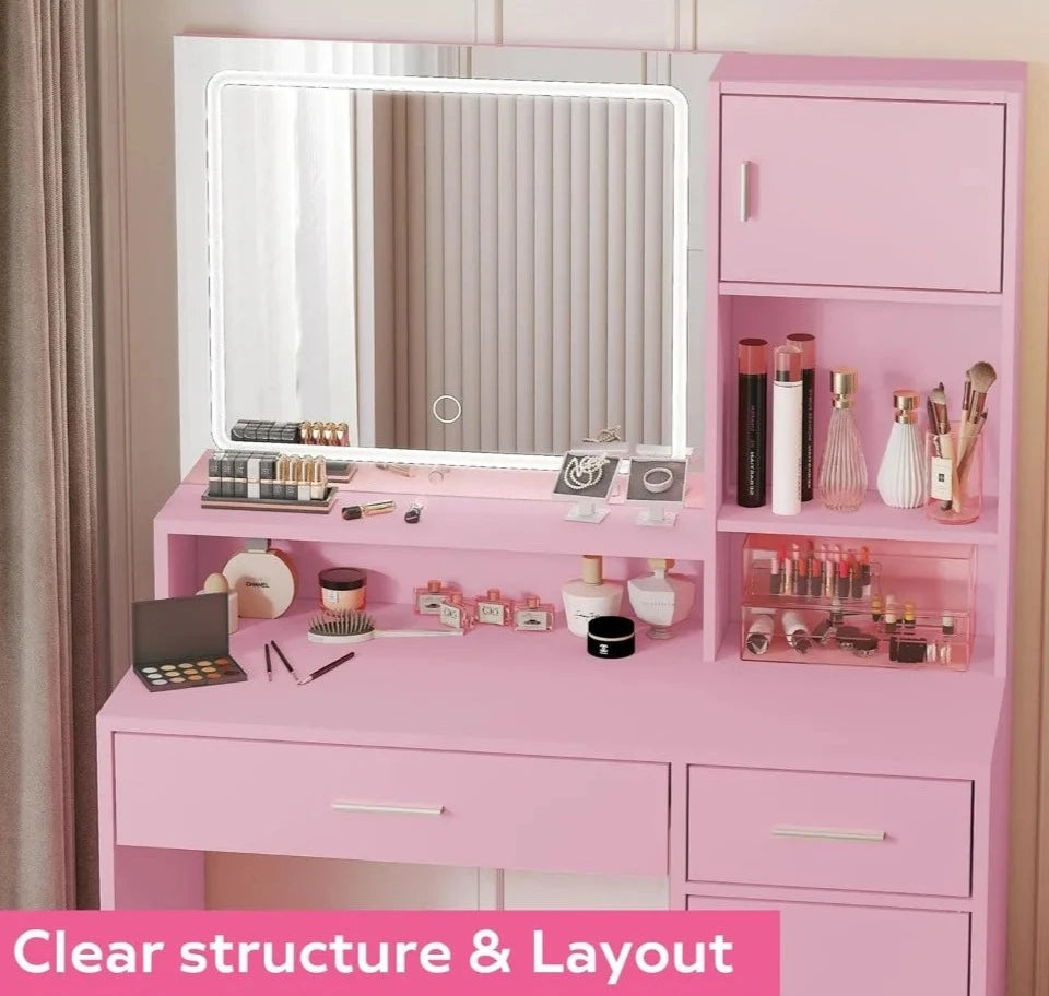 Pink Vanity Desk with Mirror and LED Lighting