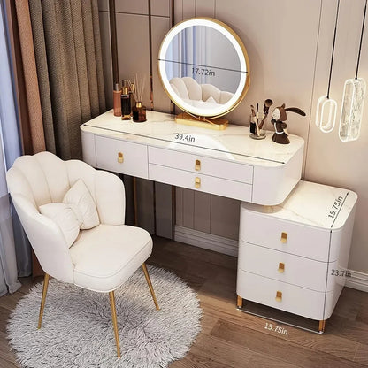 Modern Makeup Vanity with LED Mirror, 6 Drawers, Rock Slab Countertop, and Storage Chair - LP Replenish