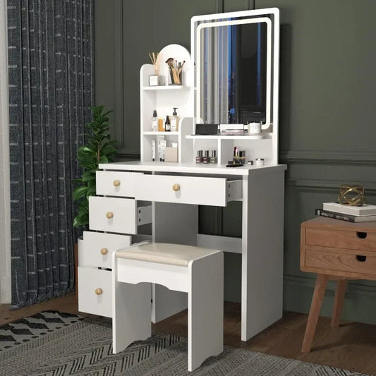 Wood Makeup Vanity Desk with LED Lighted Mirror and Storage Drawers