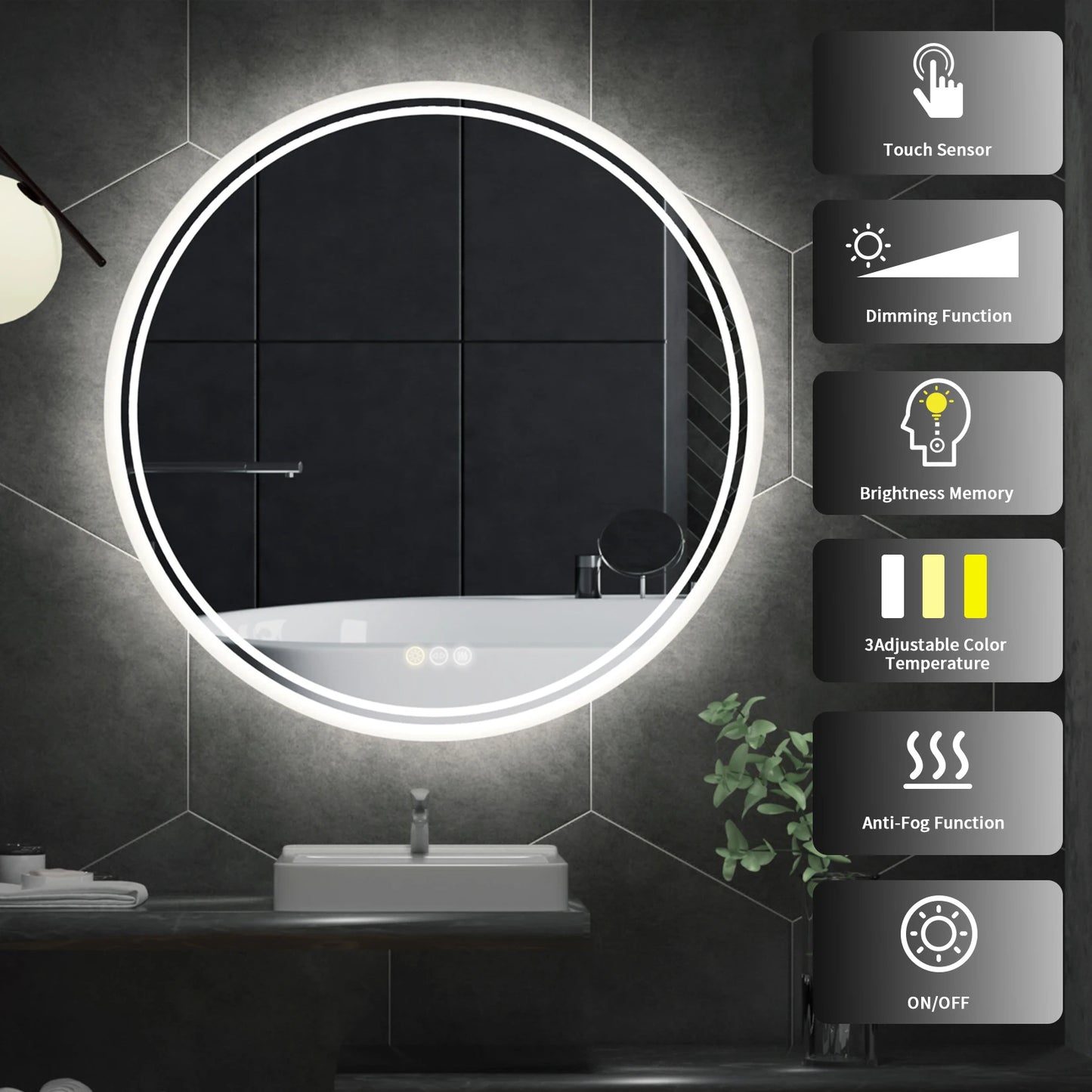 Smart Illuminate LED Round Mirror with Touch Screen and Anti-Fog Features