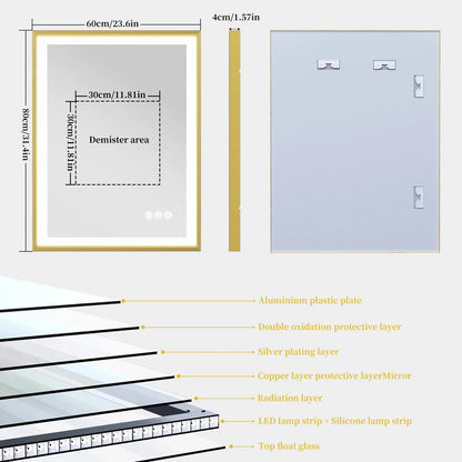 Gold Frame LED Bathroom Mirror with Dimmable Lights and Anti-Fog - LP Replenish